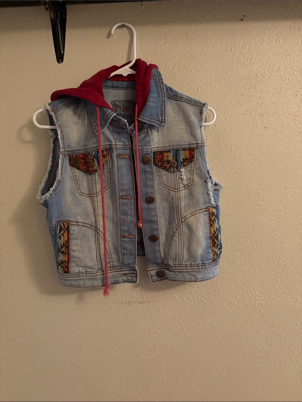 Rue21 Light Blue Denim Sleeveless Vest with Red Hood